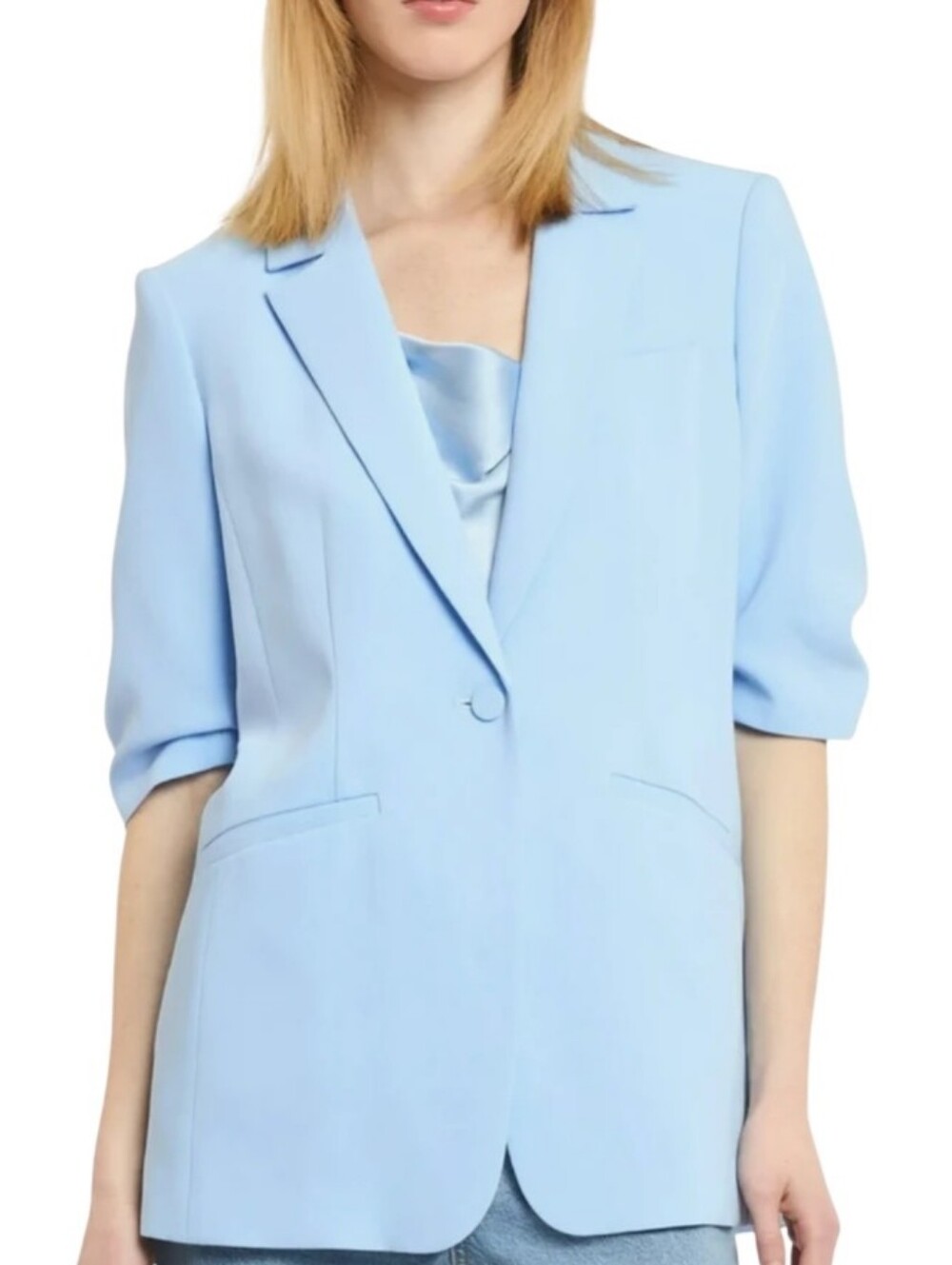 CINQ À SEPT Khloe Crepe Blazer Skylight Blue Ruched Sleeve NWT Size 10 $395